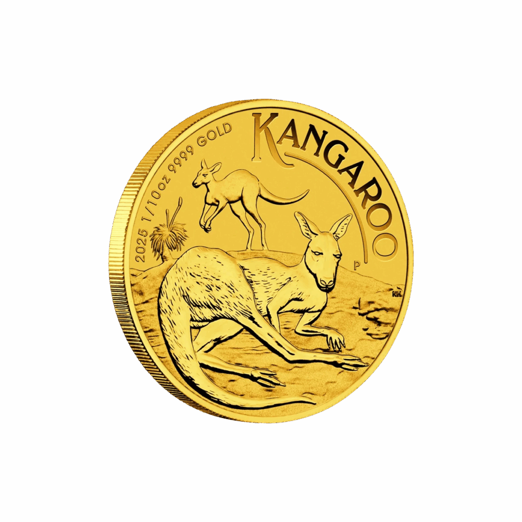 La moneta da 1/10 oz Canguro Oro 2025 raffigura due canguri, uno in piedi e l'altro al pascolo, con l'iscrizione "KANGAROO" in alto e la scritta "2025 1/10 oz 9999 GOLD" sul lato sinistro.