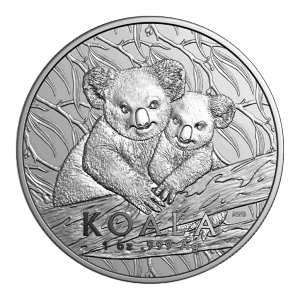La moneda de plata de 1 oz Koala Australiano Plata 2025 muestra dos koalas sobre una rama de árbol con hojas al fondo, y lleva inscrito "KOALA" y "1 OZ .999 AG" en la parte inferior.