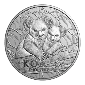 La moneta da 1 oz Koala Australiano Argento 2025 raffigura due koala su un ramo d'albero con foglie e reca in basso le iscrizioni "KOALA" e "1 oz 999 Ag".