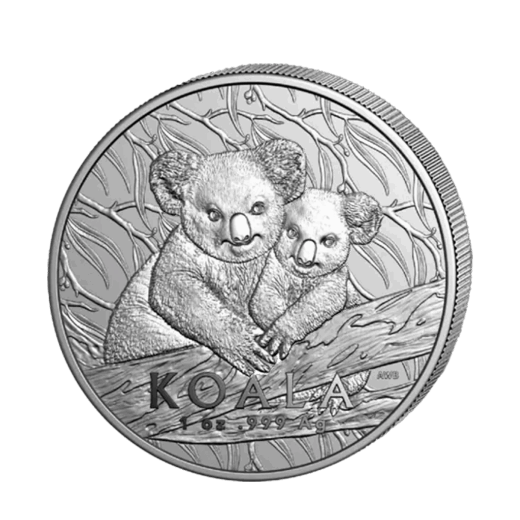 La moneda de 1 oz Koala Australiano Plata 2025 muestra dos koalas sentados en la rama de un árbol con hojas de fondo, y lleva la inscripción "KOALA" y "1 oz 999 Ag" en la parte inferior.