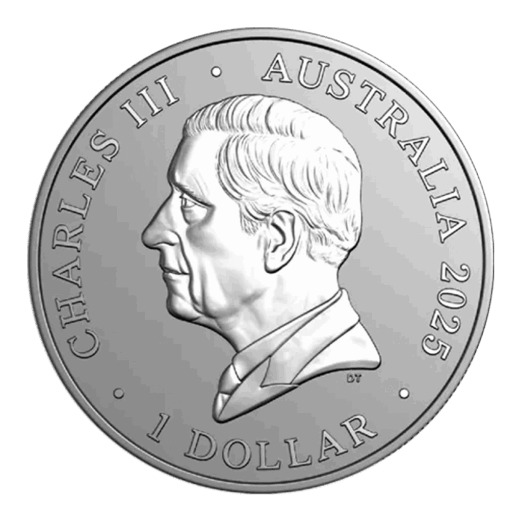 La moneda de plata de 1 oz Koala Australiano Plata 2025 de Australia muestra un retrato del rey Carlos III mirando hacia la izquierda, con las inscripciones CHARLES III, AUSTRALIA 2025, y 1 DOLLAR alrededor del borde.