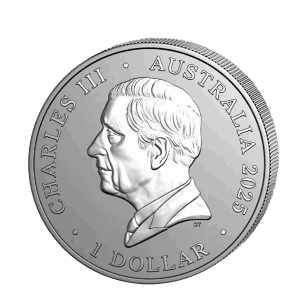 Moneda de plata koala australiana de 1 onza de 2025 con el retrato del rey Carlos III mirando hacia la izquierda y la inscripción CHARLES III AUSTRALIA 2025 1 DOLLAR alrededor del borde.