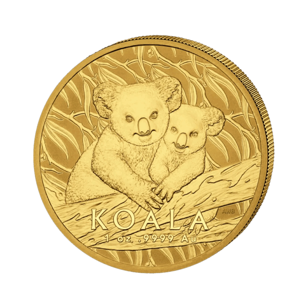 Il Koala Oro 2025 da 1 oz della Royal Australian Mint raffigura due koala abbracciati su un ramo con foglie di eucalipto, oltre alle iscrizioni "KOALA" e "1 oz 9999 AU" in basso.