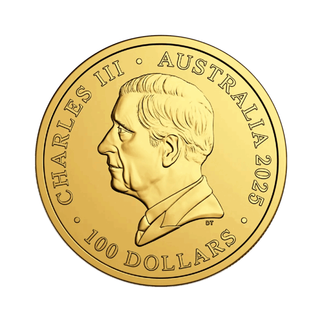 La moneta d'oro da 1 oz Koala Oro 2025 - Royal Australian Mint mostra il profilo di Re Carlo III rivolto verso sinistra con le iscrizioni CHARLES III, AUSTRALIA 2025 e 100 DOLLARS intorno al bordo.