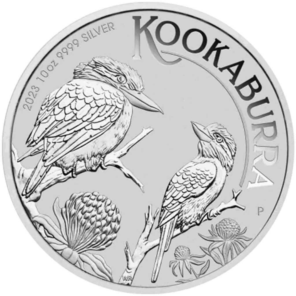 Il Kookaburra Australiano Argento 2023 da 10 once presenta due kookaburra su rami con fiori sottostanti ed è inciso con 2023 10 OZ 9999 SILVER e KOOKABURRA.