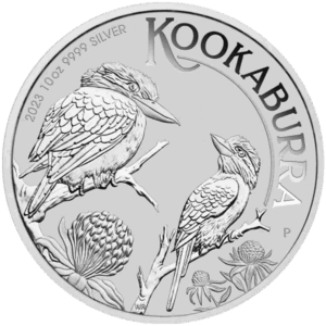 Il Kookaburra Australiano Argento 2023 da 10 once presenta due kookaburra su rami con fiori sottostanti ed è inciso con 2023 10 OZ 9999 SILVER e KOOKABURRA.