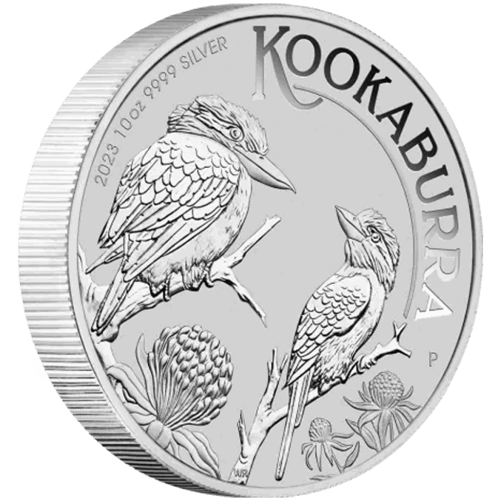 La moneta da 10 once Kookaburra Australiano Argento 2023 mostra due kookaburra su rami sopra accenti botanici, con le iscrizioni 2023 10 oz 9999 SILVER e KOOKABURRA.