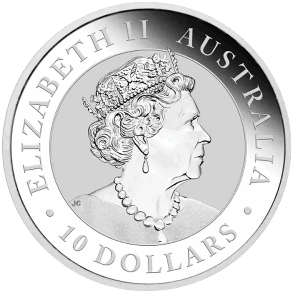 La moneta d'argento da 10 once Kookaburra Australiano Argento 2023 presenta il profilo della Regina Elisabetta II coronata a destra con una collana e l'iscrizione "ELIZABETH II AUSTRALIA 10 DOLLARS" intorno al bordo.