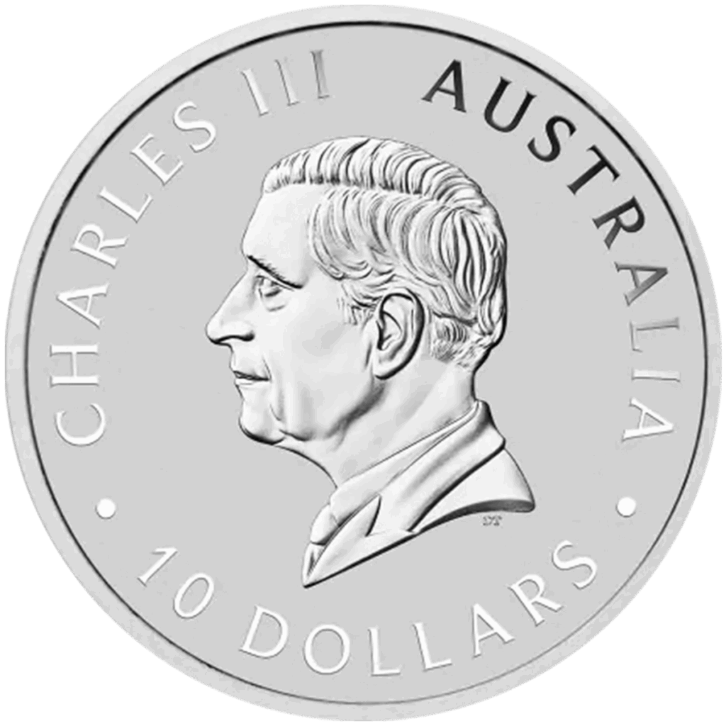 La moneta da 10 once Kookaburra Australiano Argento 2025 presenta un profilo di Re Carlo III rivolto verso sinistra, con l'iscrizione CHARLES III AUSTRALIA e 10 DOLLARI. Ha un bordo liscio e un'incisione dettagliata.