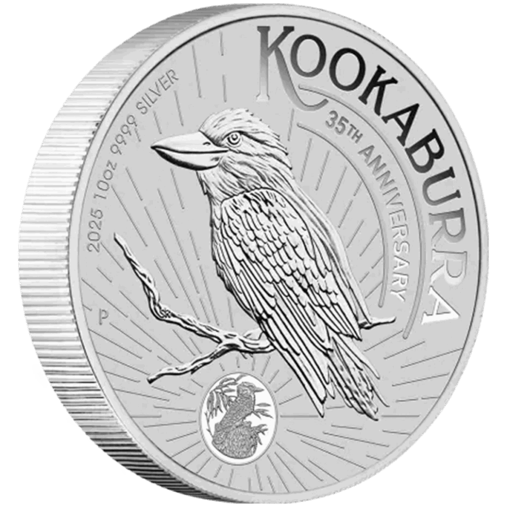 Il Kookaburra Australiano Argento 2025 da 10 once presenta un kookaburra inciso su un ramo, con KOOKABURRA, 35TH ANNIVERSARY, 2025 1OZ 9999 SILVER, e un emblema rotondo del kookaburra nella parte inferiore.