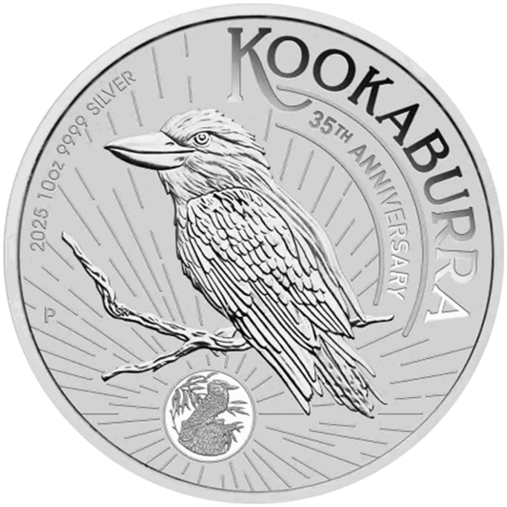 La moneta da 10 once Kookaburra Australiano Argento 2025 presenta un kookaburra appollaiato su un ramo, le iscrizioni KOOKABURRA 35th ANNIVERSARY e 2025 1oz 9999 SILVER, oltre a un'immagine più piccola di un kookaburra.