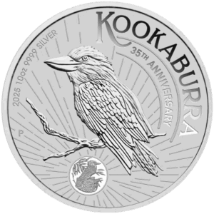 La moneta da 10 once Kookaburra Australiano Argento 2025 presenta un kookaburra appollaiato su un ramo, le iscrizioni KOOKABURRA 35th ANNIVERSARY e 2025 1oz 9999 SILVER, oltre a un'immagine più piccola di un kookaburra.