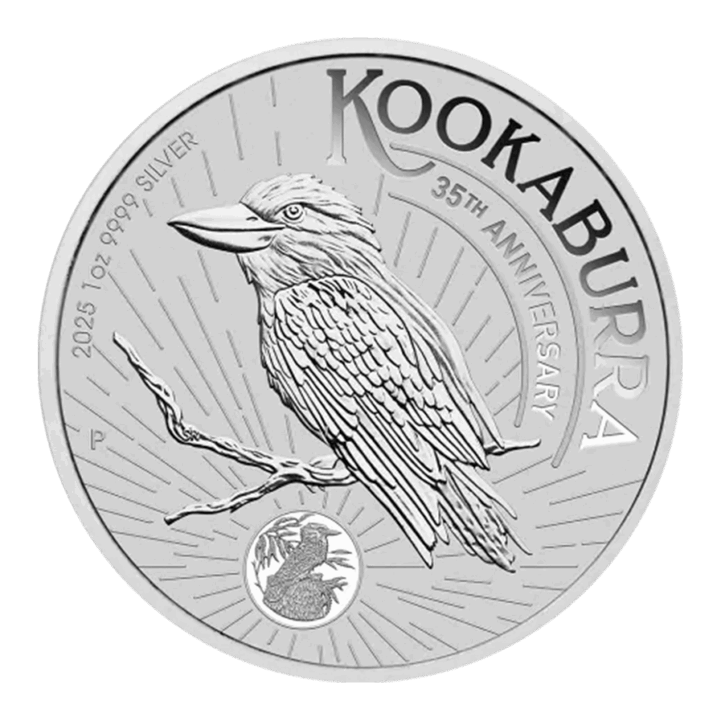 Il Kookaburra Australiano Argento 2025 da 1 oz presenta un kookaburra dettagliato su un ramo, il testo "KOOKABURRA 35th ANNIVERSARY, 2025 1oz 9999 SILVER" e un inserto con un'immagine più piccola del kookaburra.