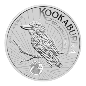 Il Kookaburra Australiano Argento 2025 da 1 oz presenta un kookaburra dettagliato su un ramo, il testo "KOOKABURRA 35th ANNIVERSARY, 2025 1oz 9999 SILVER" e un inserto con un'immagine più piccola del kookaburra.