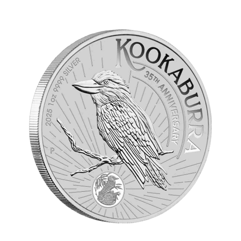 La moneta da 1 oz Kookaburra Australiano Argento 2025 mostra un kookaburra dettagliato su un ramo con raggi dietro, "KOOKABURRA 35th ANNIVERSARY", "2025 1oz 9999 SILVER" e un piccolo uccello circolare inciso sul disegno.