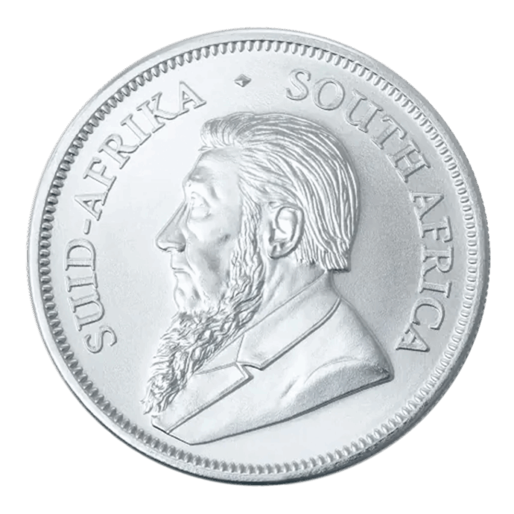 Il Krugerrand Argento 2025 da 1 oz è una moneta d'argento con un uomo barbuto rivolto a sinistra, con la scritta "SUID-AFRIKA" a sinistra e "SOUTH AFRICA" a destra lungo il bordo.