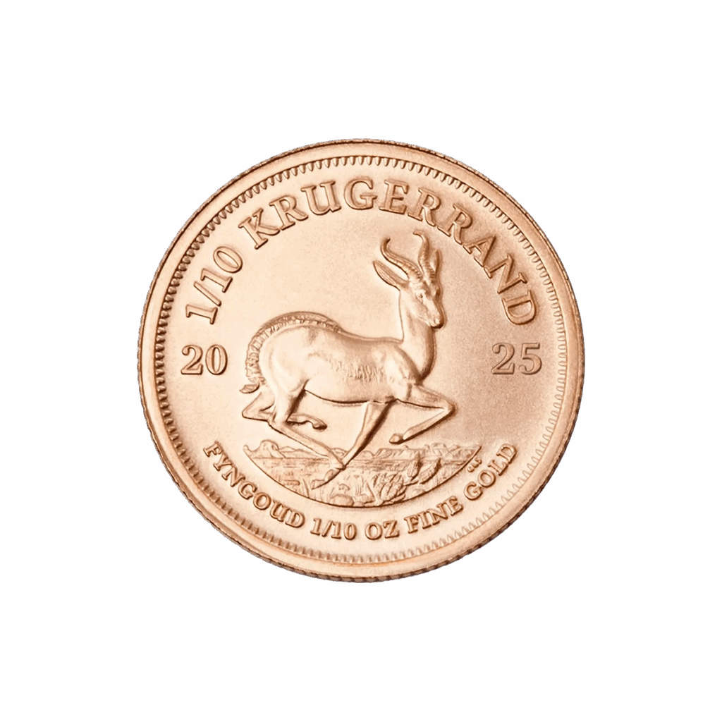 Il Krugerrand Oro 2025 da 1/10 oz presenta il testo "1/10 KRUGERRAND 2025" e l'immagine di un'antilope springbok, con l'iscrizione "FYNGOUD 1/10 OZ FINE GOLD" in basso.