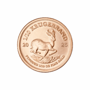 Il Krugerrand Oro 2025 da 1/10 oz presenta il testo "1/10 KRUGERRAND 2025" e l'immagine di un'antilope springbok, con l'iscrizione "FYNGOUD 1/10 OZ FINE GOLD" in basso.