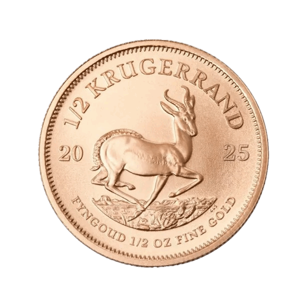 Il Krugerrand Oro 2025 da 1/2 oz presenta un'antilope springbok al centro, la scritta "1/2 KRUGERRAND" in alto e dettagli in oro in basso.