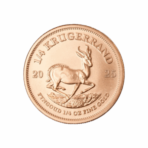 Il Krugerrand Oro 2025 da 1/4 di oz è una moneta d'oro con un'antilope springbok al centro, l'anno e il taglio intorno al bordo e l'iscrizione "FYNGOUD 1/4 OZ FINE GOLD" in basso.