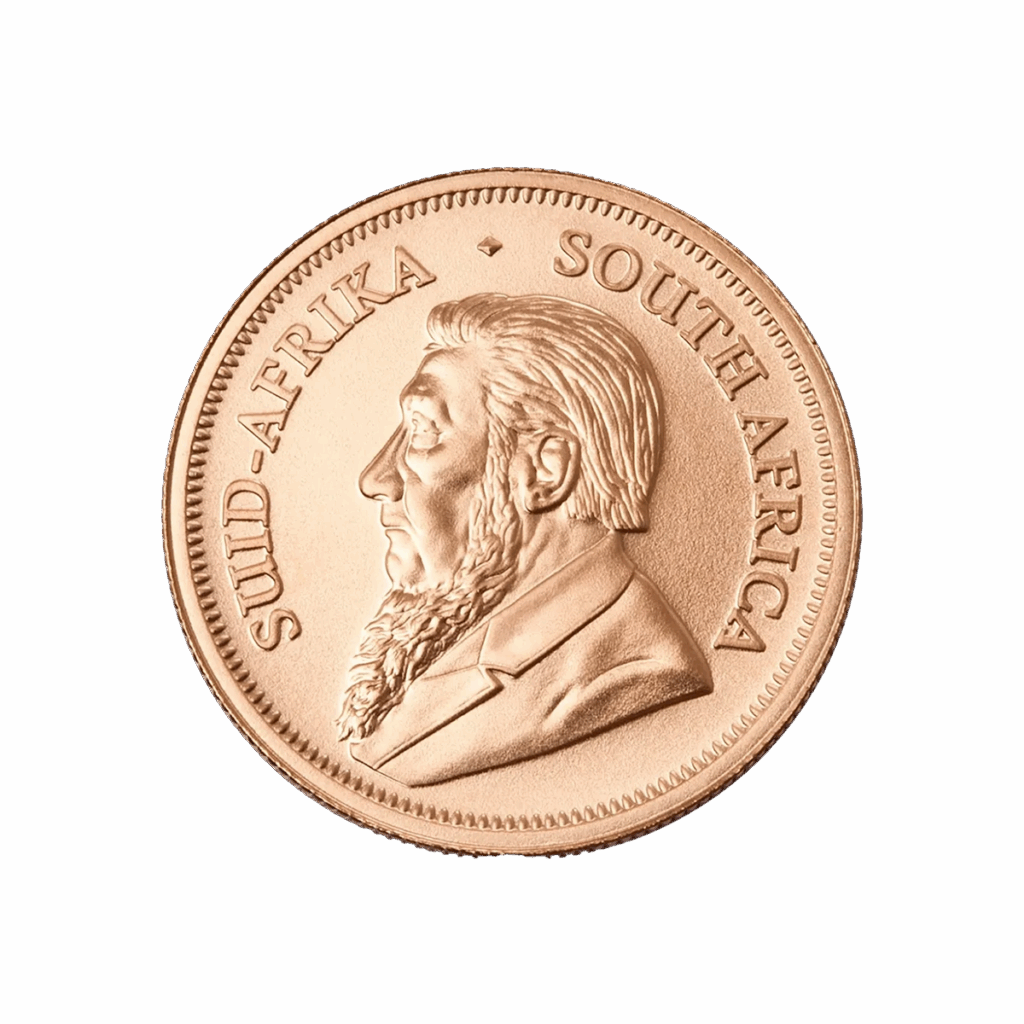 La moneta d'oro Krugerrand Oro 2025 da 1/4 di oz presenta un uomo barbuto di profilo con le scritte SUID-AFRIKA e SOUTH AFRICA intorno al bordo.