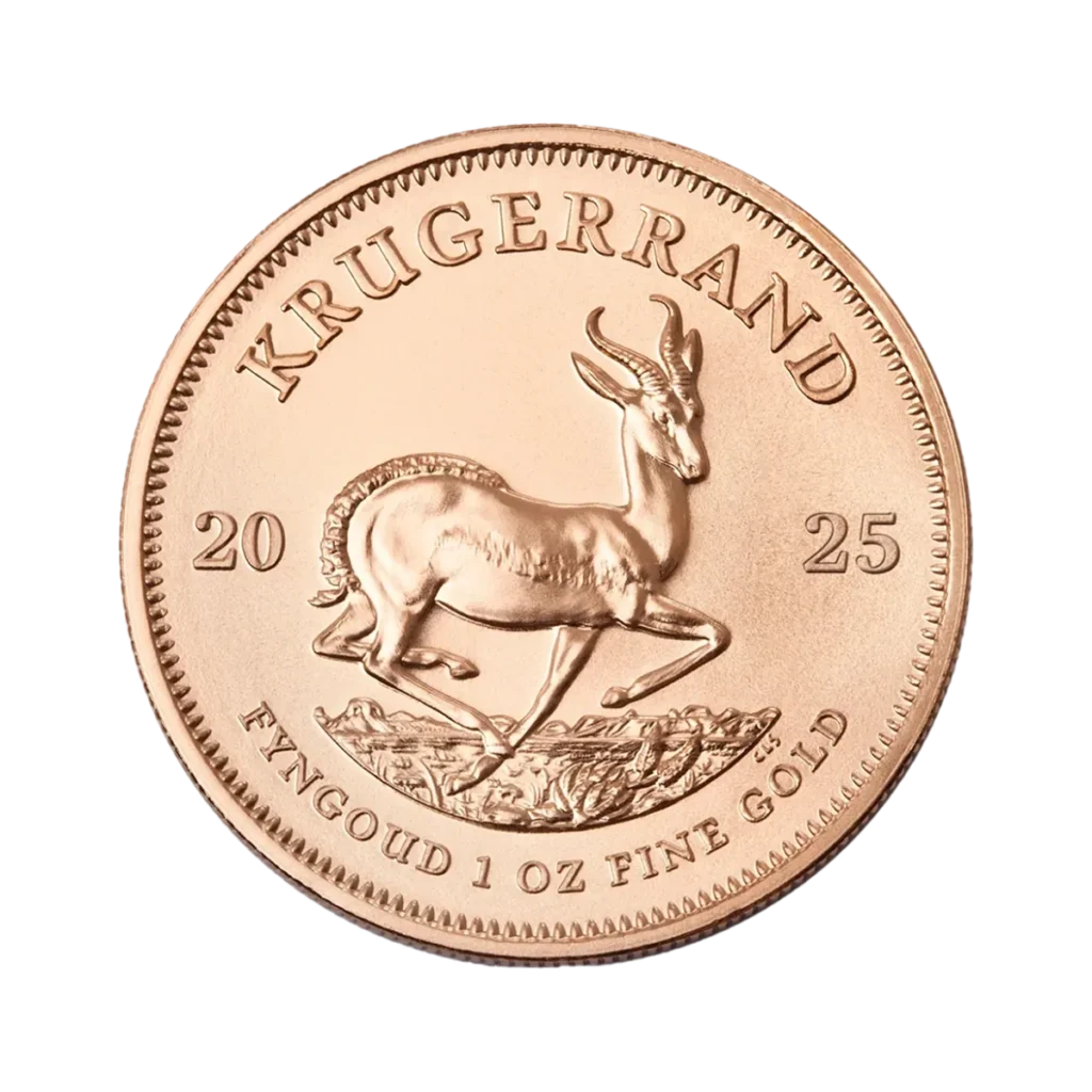 La moneta da 1 oz Krugerrand Oro 2025 presenta un'antilope springbok al centro, con l'iscrizione "KRUGERRAND" e la scritta "FYNGOUD 1 OZ FINE GOLD" lungo il bordo inferiore.