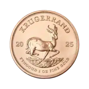 La moneta da 1 oz Krugerrand Oro 2025 presenta un'antilope springbok al centro, con l'iscrizione "KRUGERRAND" e la scritta "FYNGOUD 1 OZ FINE GOLD" lungo il bordo inferiore.