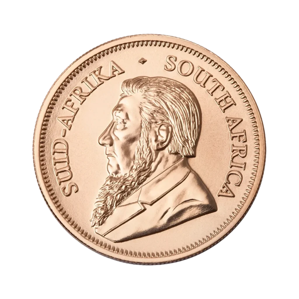 Il Krugerrand Oro 2025 da 1 oz presenta una moneta d'oro con il profilo di un uomo barbuto rivolto verso sinistra, SUID-AFRIKA sul bordo sinistro e SOUTH AFRICA su quello destro.