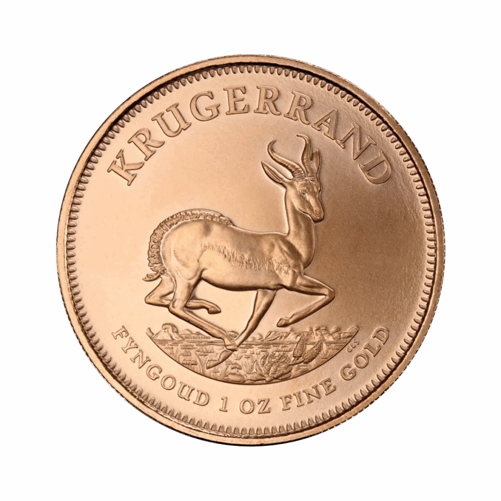 Moneta da 1 oz Krugerrand Oro Anni misti con al centro un'antilope springbok, sopra la scritta "KRUGERRAND" e sotto la scritta "FYNGOUD 1 OZ FINE GOLD".