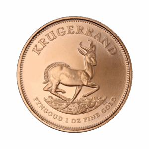 Moneta da 1 oz Krugerrand Oro Anni misti con al centro un'antilope springbok, sopra la scritta "KRUGERRAND" e sotto la scritta "FYNGOUD 1 OZ FINE GOLD".