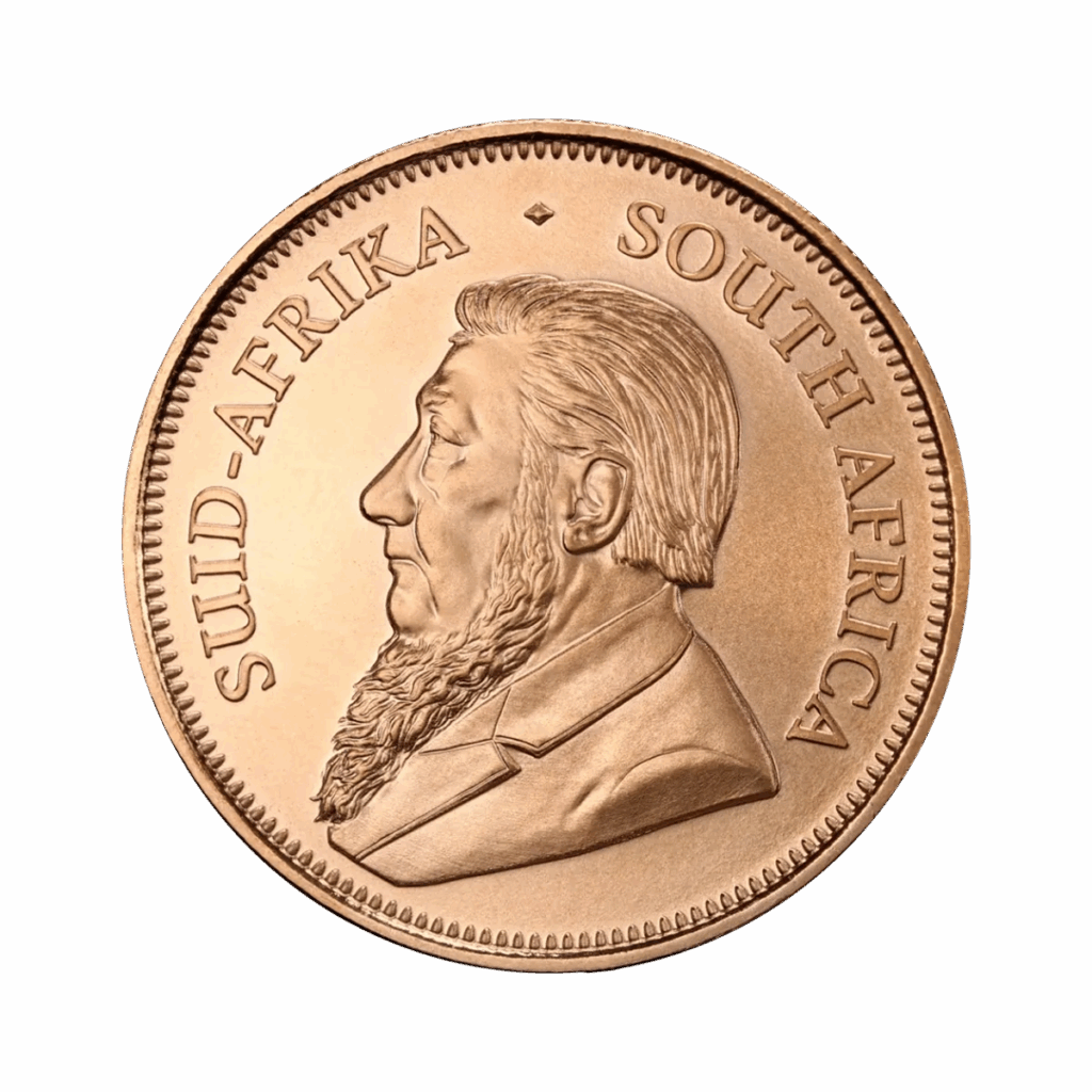 Moneta d'oro da 1 oz di Krugerrand Oro Anni misti con il ritratto di un uomo barbuto rivolto a sinistra e le scritte "SUID-AFRIKA" e "SOUTH AFRICA" lungo il bordo.