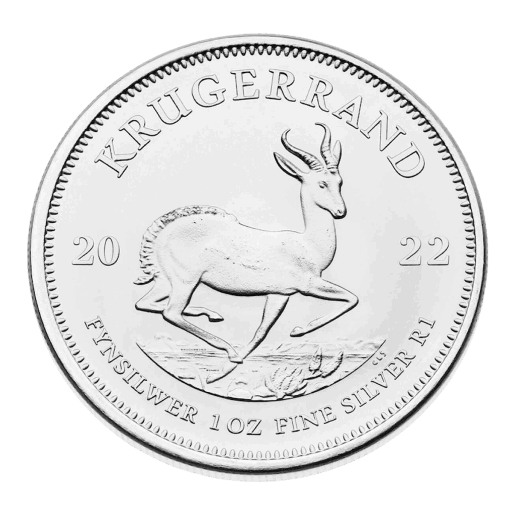 La moneta d'argento Krugerrand, datata 2022, raffigura un'antilope springbok in pieno salto, con l'iscrizione "KRUGERRAND" sopra e "FINE SILVER 1 OZ FINE SILVER R1" sotto.