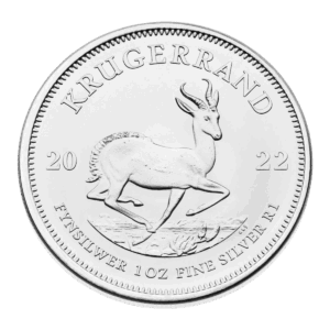 La moneta d'argento Krugerrand, datata 2022, raffigura un'antilope springbok in pieno salto, con l'iscrizione "KRUGERRAND" sopra e "FINE SILVER 1 OZ FINE SILVER R1" sotto.