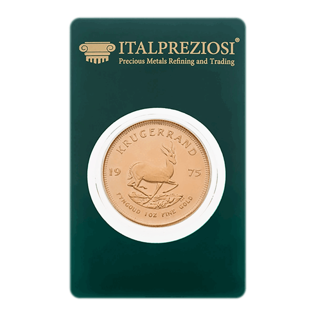 Un Krugerrand del 1975 nella confezione verde di Italpreziosi con l'etichetta "Precious Metals Refining and Trading" e l'iconico disegno dell'antilope springbok.