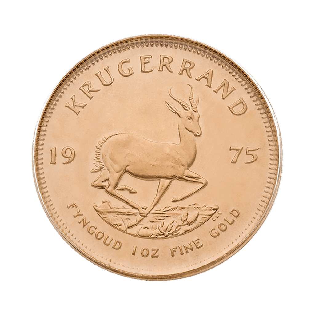 Moneta d'oro Krugerrand del 1975 con un'antilope springbok al centro, "KRUGERRAND" in alto e "FYNGOUD 1 OZ FINE GOLD" lungo il bordo inferiore.