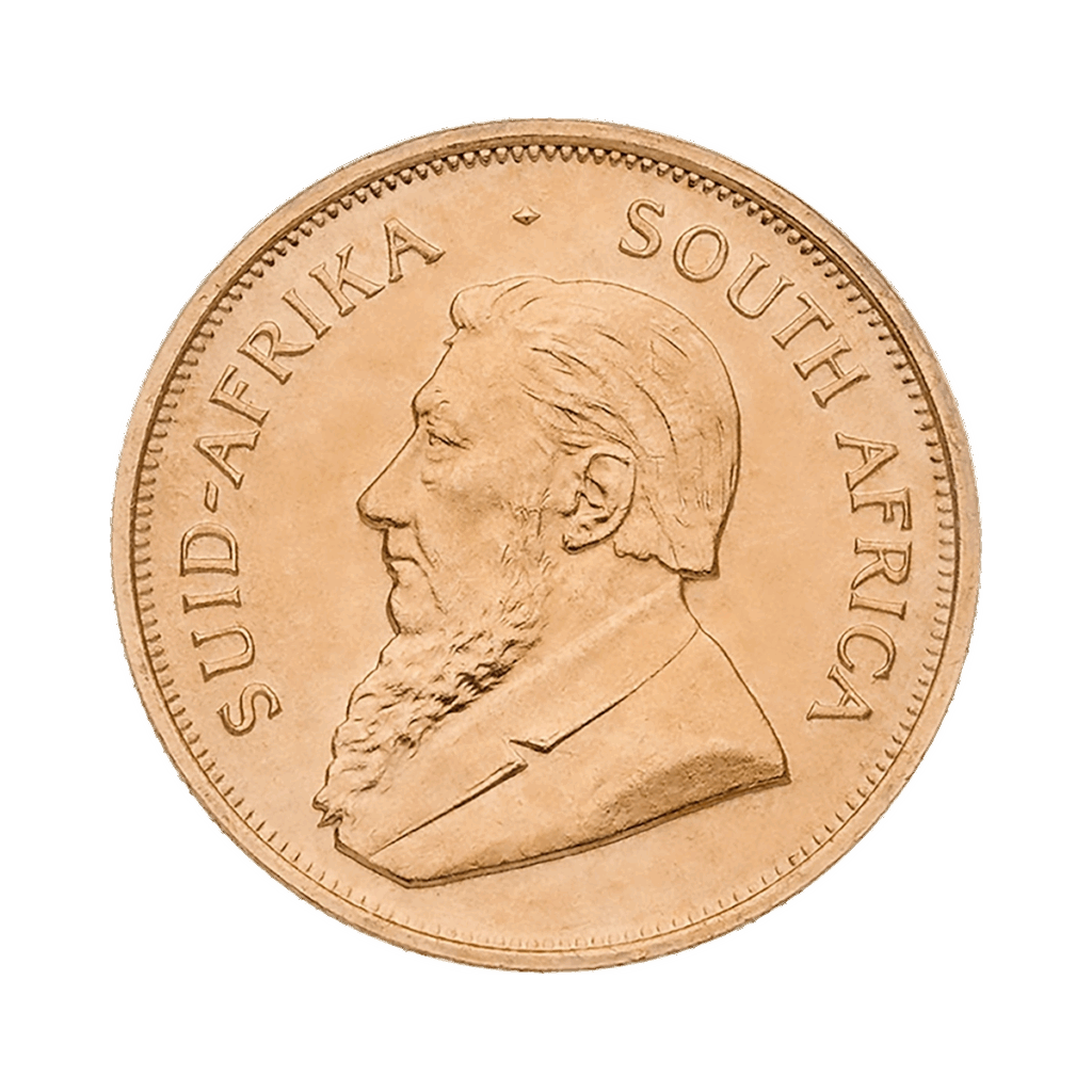 Una moneta d'oro Krugerrand mostra un uomo barbuto rivolto verso sinistra, con "SUID-AFRIKA" e "SOUTH AFRICA" incisi lungo il bordo.