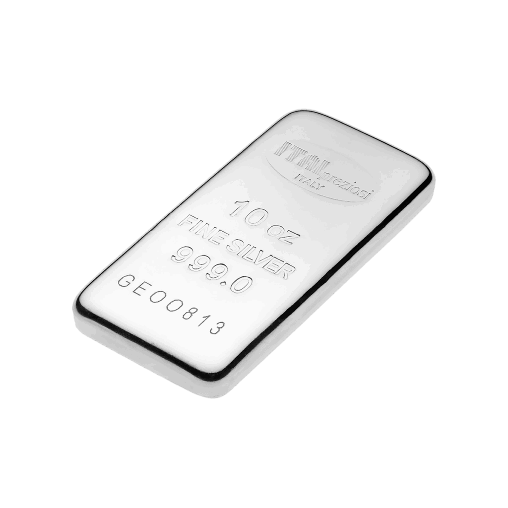 Il Lingotto Argento 10 Oz è un lingotto d'argento lucido con inciso "10 oz FINE SILVER 999.0", il numero di serie GE00813 e il logo ITOI Technologia Italiana sulla superficie.