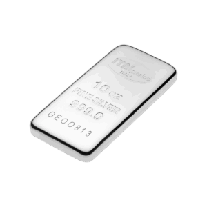 Il Lingotto Argento 10 Oz è un lingotto d'argento lucido con inciso "10 oz FINE SILVER 999.0", il numero di serie GE00813 e il logo ITOI Technologia Italiana sulla superficie.