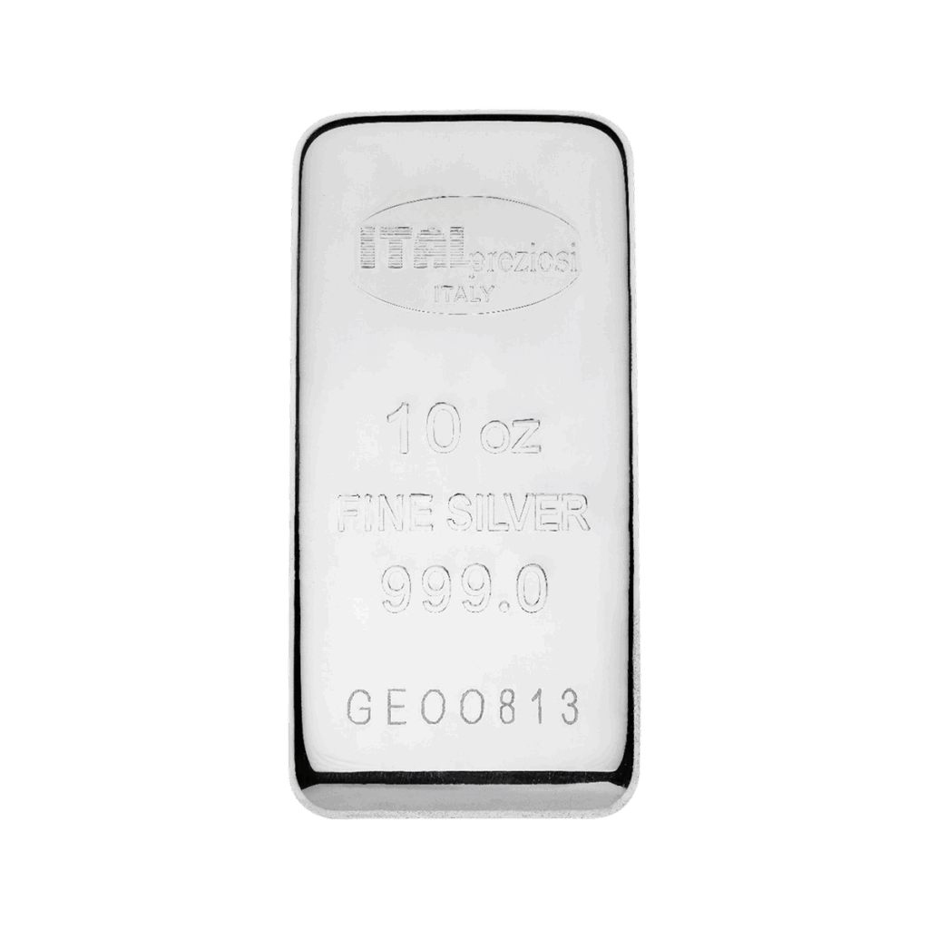 Lingotto Argento 10 once, timbrato con ITALPREZIOSI ITALY, 10 oz FINE SILVER 999.0 e GEO0813 sulla superficie lucida, isolato su sfondo bianco.