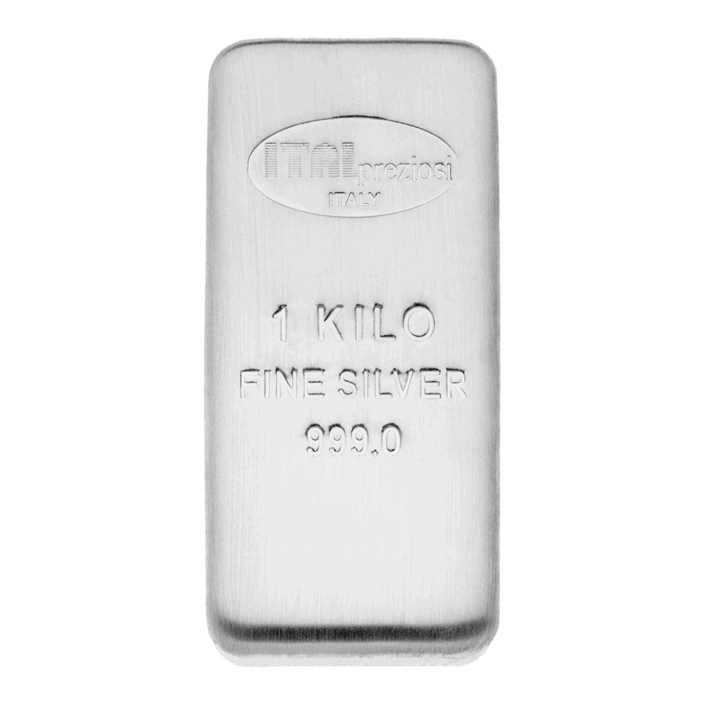Il Lingotto Argento 1 Kg è un lingotto d'argento da 1 chilogrammo con finitura liscia, con la dicitura "1 KILO FINE SILVER 999.0" e il logo del produttore in alto.