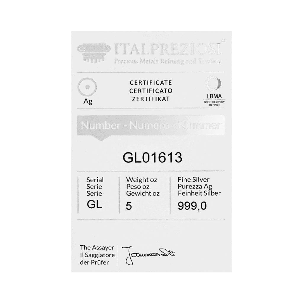 Certificato di Italpreziosi per il Lingotto Argento 5 Oz, serie GL01613, con purezza 999.0. Il documento include i loghi dell'azienda e un testo multilingue che riporta le informazioni sul certificato.