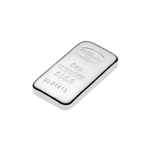Il Lingotto Argento 5 Oz è un lingotto d'argento rettangolare con bordi arrotondati, con la dicitura "5 oz FINE SILVER 999.0" e il numero di serie, su sfondo bianco.