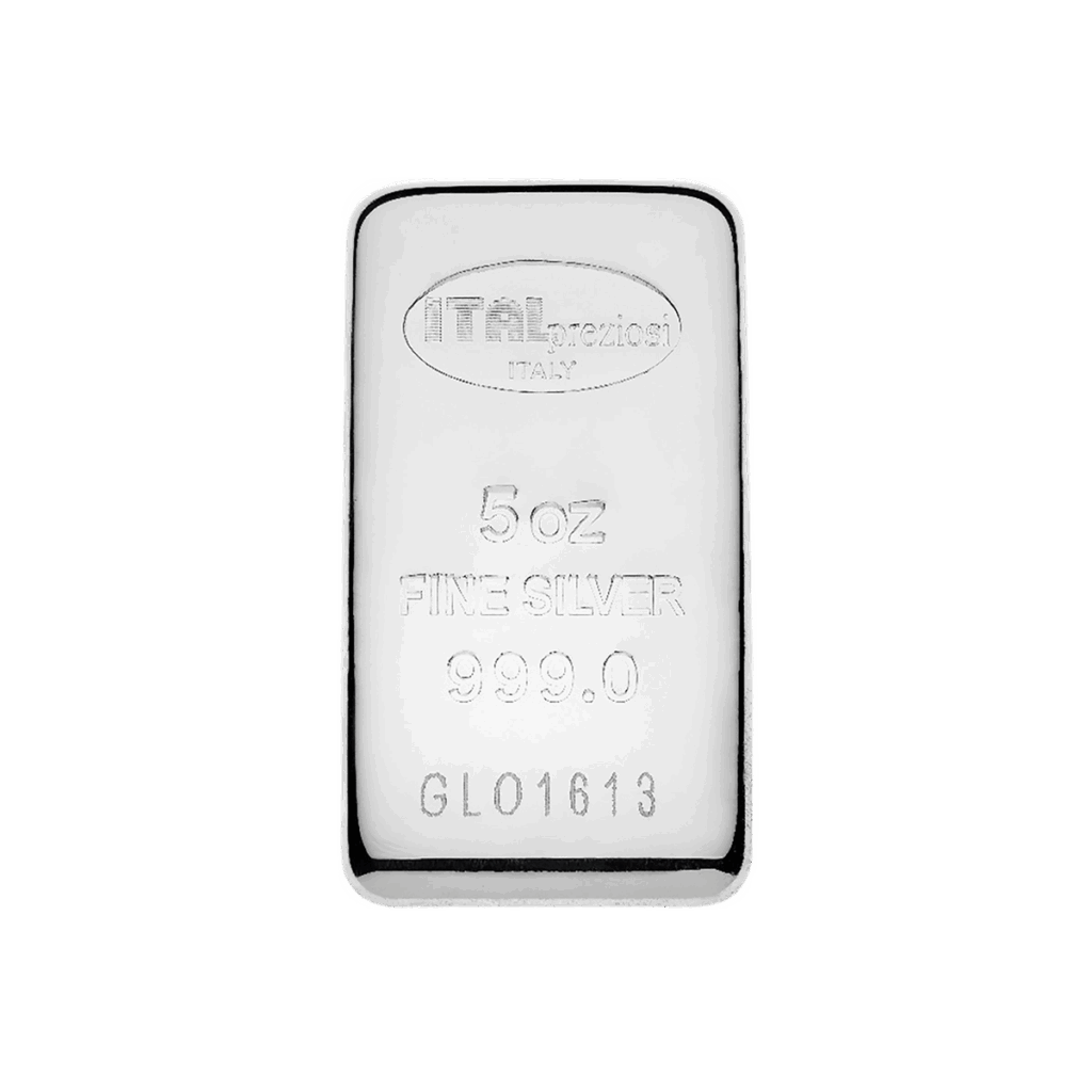 Il Lingotto Argento 5 Oz è un lingotto d'argento da 5 once con incisioni di Italpreziosi Italia, 5 oz FINE SILVER 999.0 e numero di serie GL01613 sulla superficie lucida.