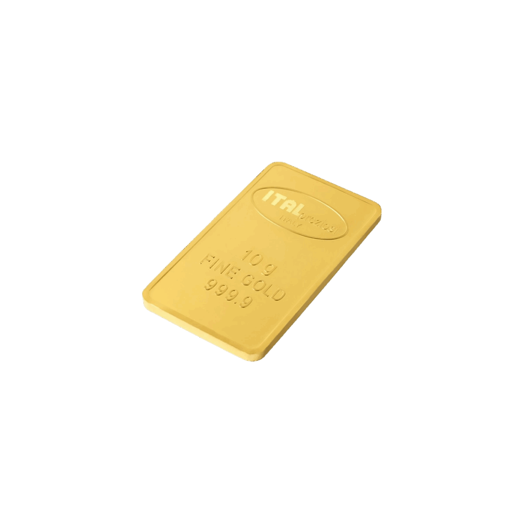 Il Lingotto oro 10gr è un lingotto d'oro rettangolare etichettato ITALPREZIOSI, con la dicitura "10 g ORO FINE 999,9" e visualizzato su uno sfondo bianco.