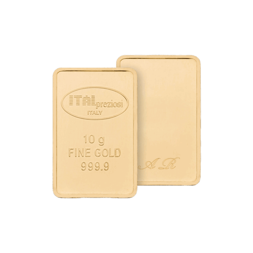 Due lingotti d'oro rettangolari da 10 grammi sono mostrati: uno reca la scritta "preziosi ITALY, 10 g FINE GOLD 999.9", mentre il retro è caratterizzato da una sottile scritta A K. Entrambi i lingotti hanno superfici lisce e lucide.