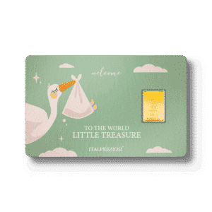 A green "Birth" card features a stork with a bundle, clouds, and the text "welcome TO THE WORLD LITTLE TREASURE." On the right side is an ITALPREZIOSI-branded gold bar.