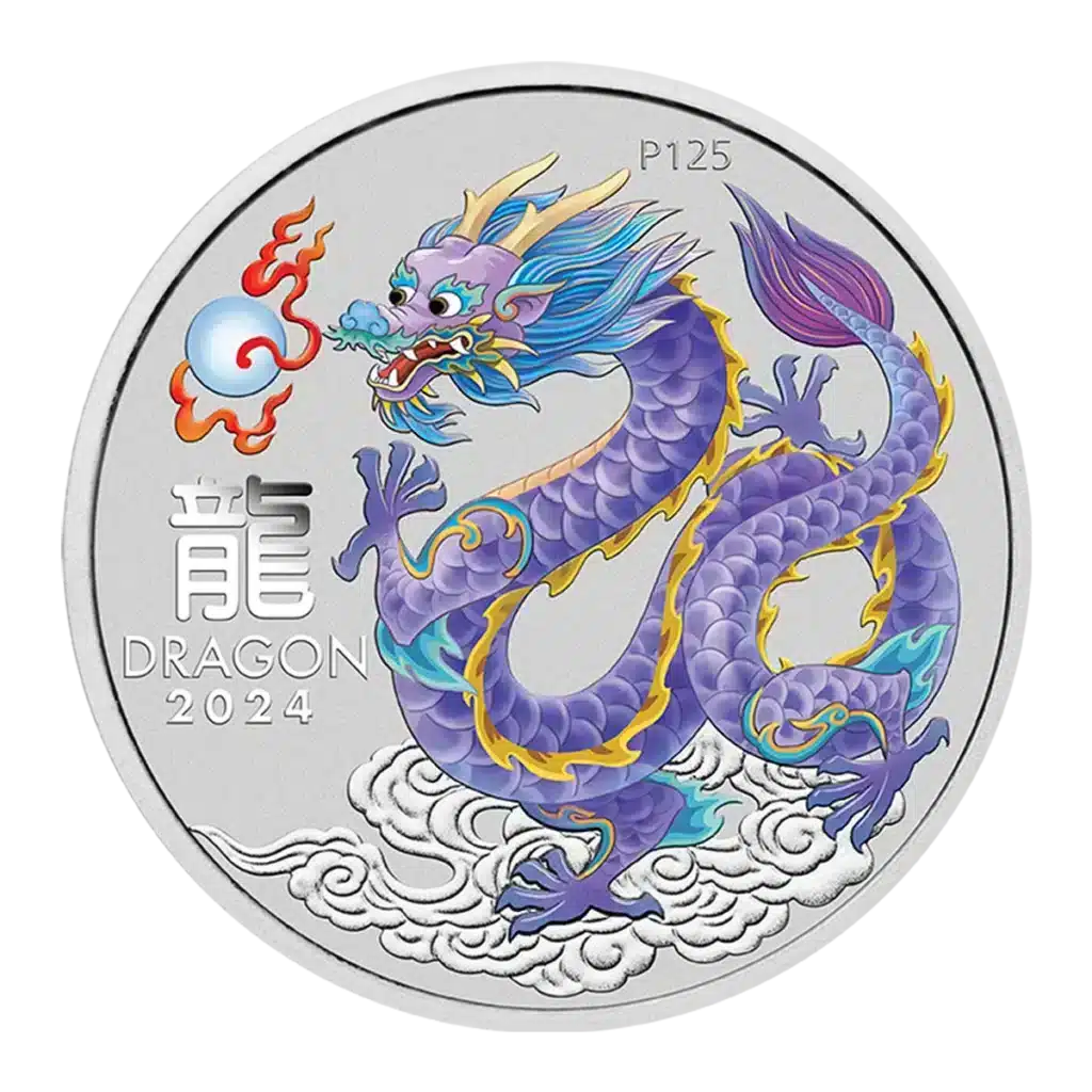 The Australia 2024 Lunar Series III Year of the Dragon 1 oz Silver BU Lilac coin depicts a vibrant purple dragon with yellow and blue accents breathing a flaming pearl above clouds, with "DRAGON 2024" and the Chinese character for dragon inscribed to the left.