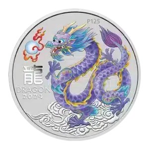 Moneta d'argento intitolata "Australia 2024 Serie Lunare III Anno del Drago 1 oz Argento BU Lilla", con un drago cinese colorato sopra le nuvole, con DRAGON 2024, un carattere cinese e P125 incisi.