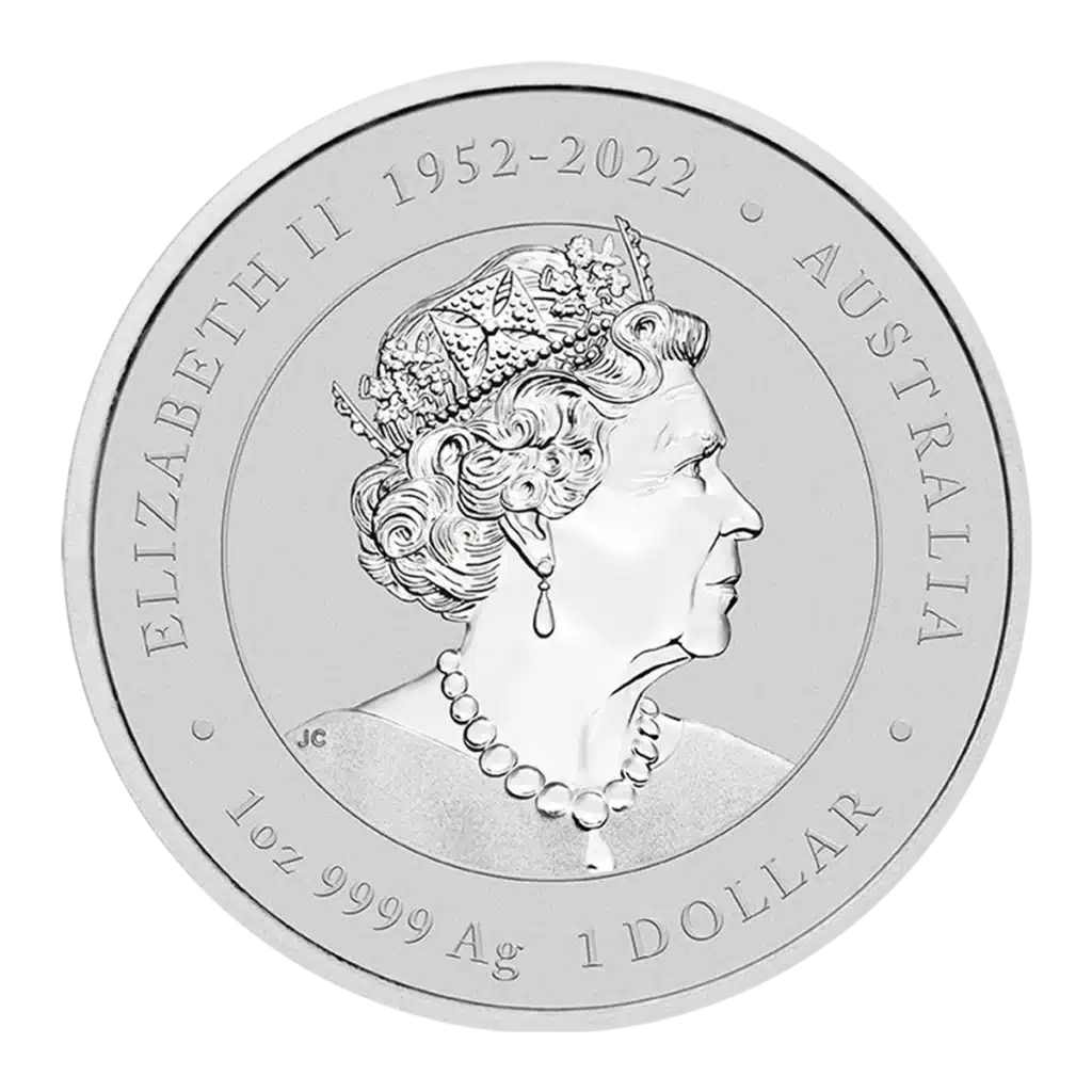 Australia 2024 Lunar Series III Year of the Dragon 1 oz Silver BU Lilac coin features a profile of Queen Elizabeth II with crown, inscribed ELIZABETH II 1952–2022 AUSTRALIA 1 oz 9999 Ag 1 DOLLAR.
