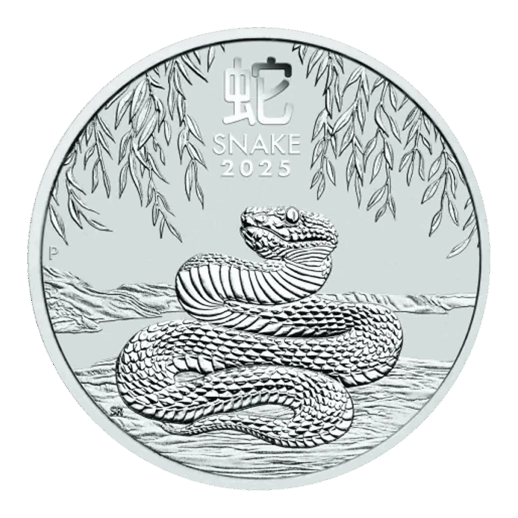 La moneta da 1 oz Lunar III - Anno del Serpente Argento 2025 mostra un serpente arrotolato a terra sotto i rami di un albero, con la scritta "SNAKE 2025" e un carattere cinese in alto.